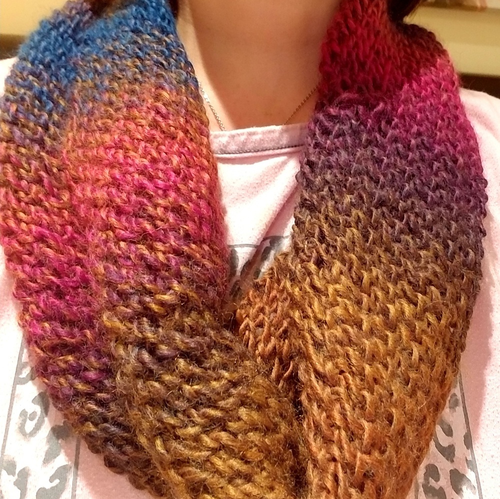 Hand knitted infinity scarf, wide, multicolored